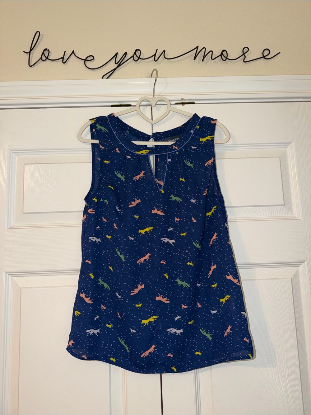 Modcloth Navy Sleeveless Top with Colorful Fox & Rabbit Print